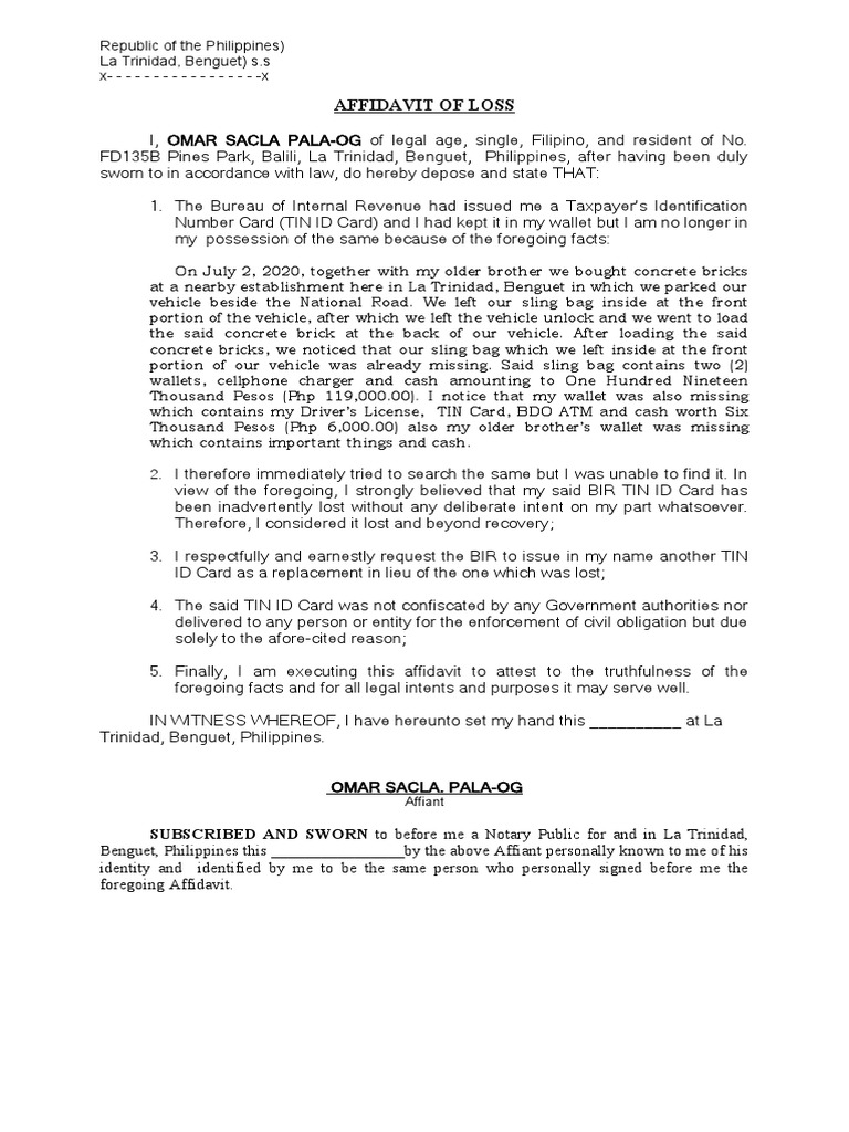 Affidavit of loss bir tin id pala og pdf affidavit identity