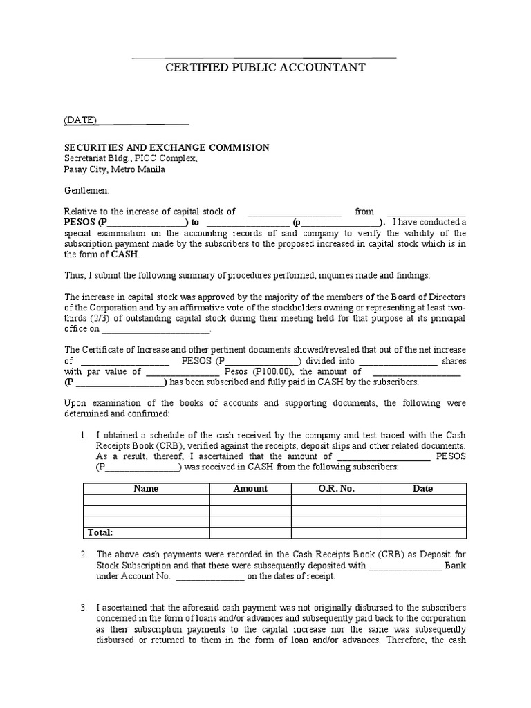 CPA Cash Verification for Capital Increase | PDF | Payments | Banks