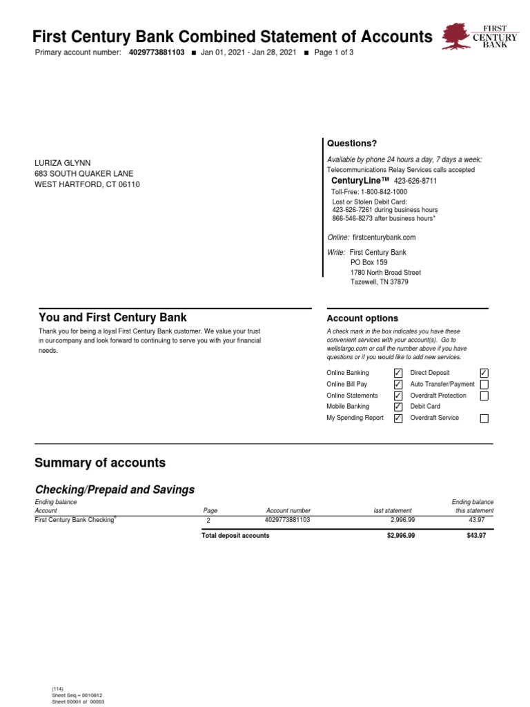 First Century Bank Combined Statement of Accounts | PDF | Overdraft ...