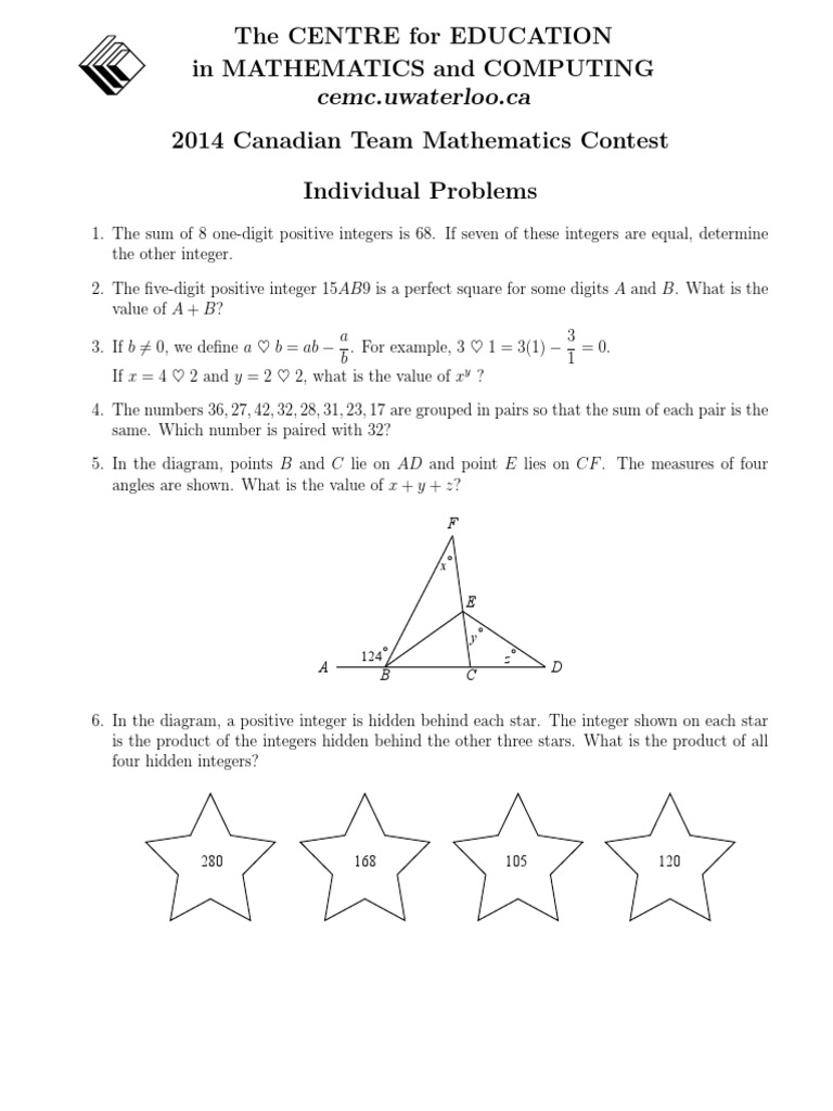 2014 Canadian Team Math Contest Problems | PDF | Circle | Mathematical ...