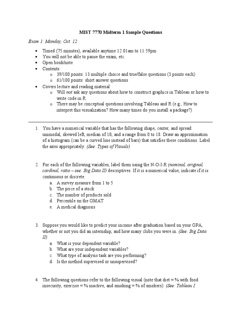 MIST 7770 Midterm 1 Sample Questions | PDF | Skewness | Statistics