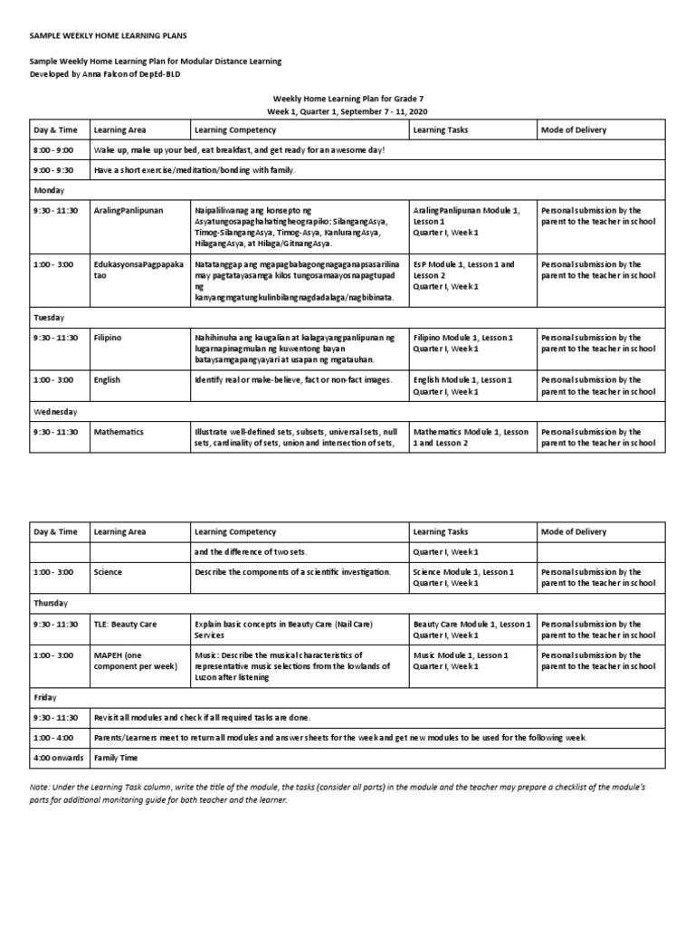 Sample Weekly Home Learning Plan For Modular Distance Learning Pdf