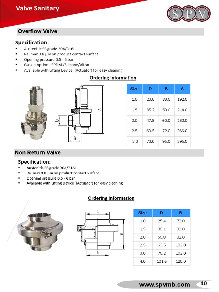 Catalogue Overflow & Non Return Valve Sanitary SPV | PDF