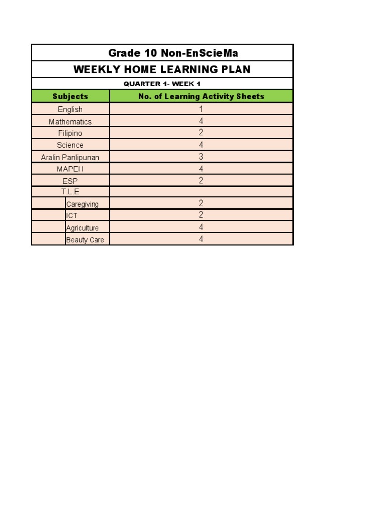 Grade 10 Non-Ensciema Weekly Home Learning Plan | PDF