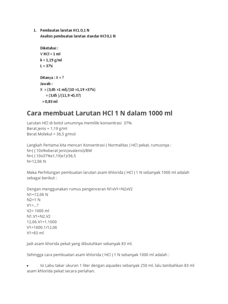 Pembuatan Larutan HCL Tugas | PDF