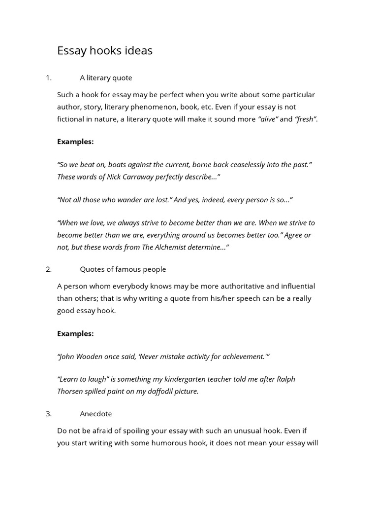 Essay Hooks Ideas PDF Essays