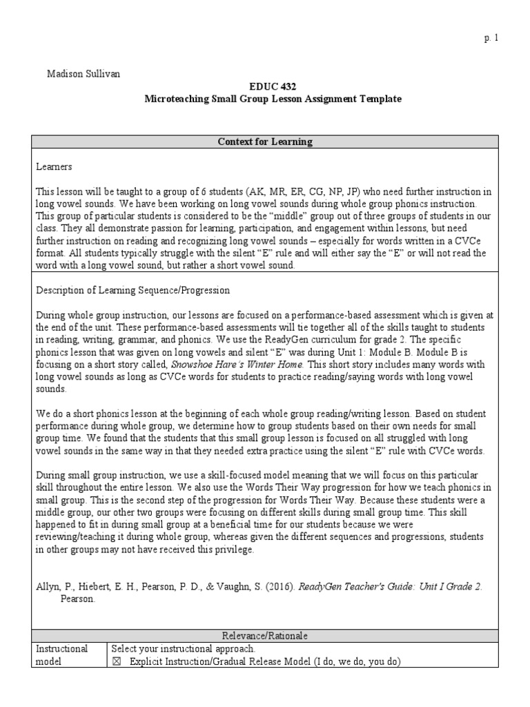 Small Group Sample Lesson Plan | PDF | Phonics | Lesson Plan