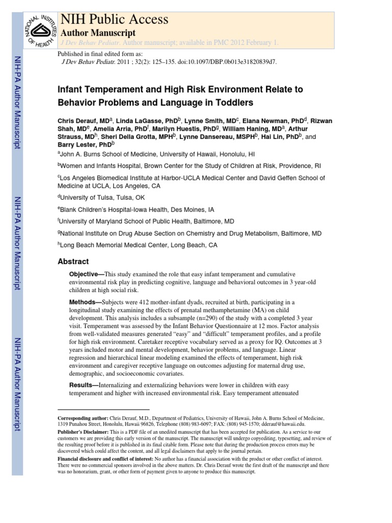 NIH Public Access: Author Manuscript | PDF | Temperament | Prenatal ...