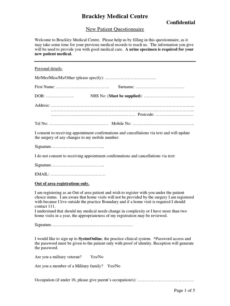 Brackley Medical Centre: New Patient Questionnaire | PDF | Caregiver ...