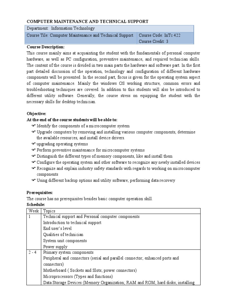 Equipment Maintenance and Technical Support