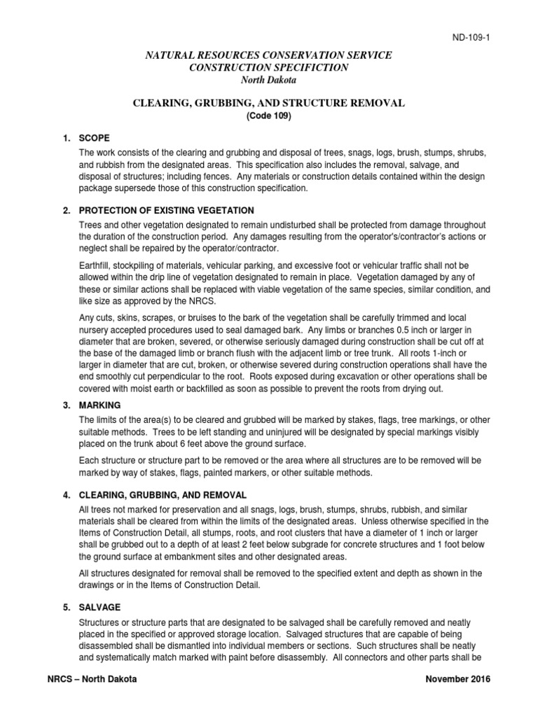 ND Clearing & Grubbing Specs | PDF | Trees | Nature