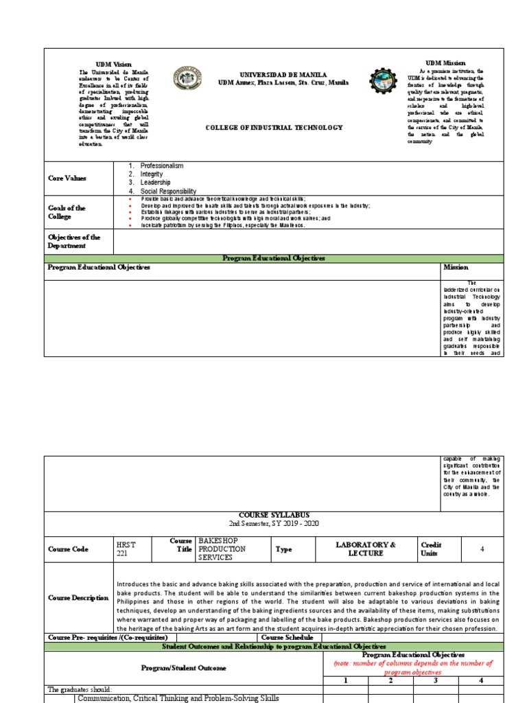 Course Syllabus Obe Format Production PDF Baking Cakes