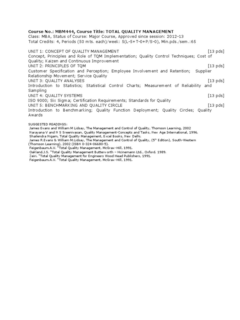 Total Quality Management Course Overview | PDF