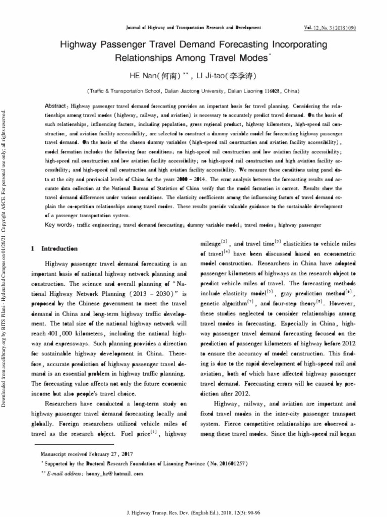 Highway Passenger Travel Demand Forecasting Incorporating | PDF ...