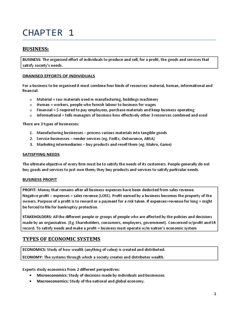 Business Management Chapter 1 Notes | PDF | Recession | Economics