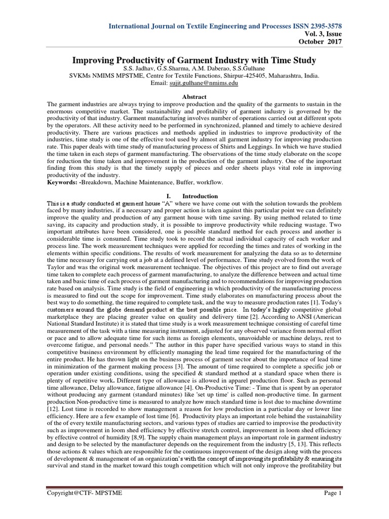 Improving Productivity of Garment Industry With Time Study October 2017 ...