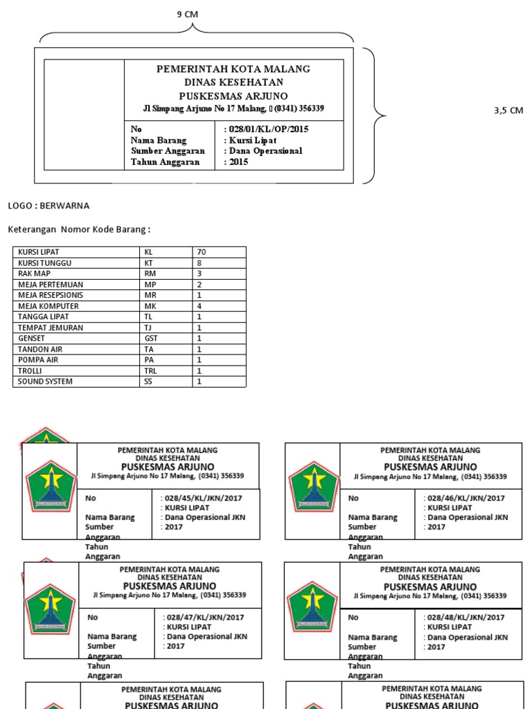 Stiker Inventaris Barang Puskesmas | PDF