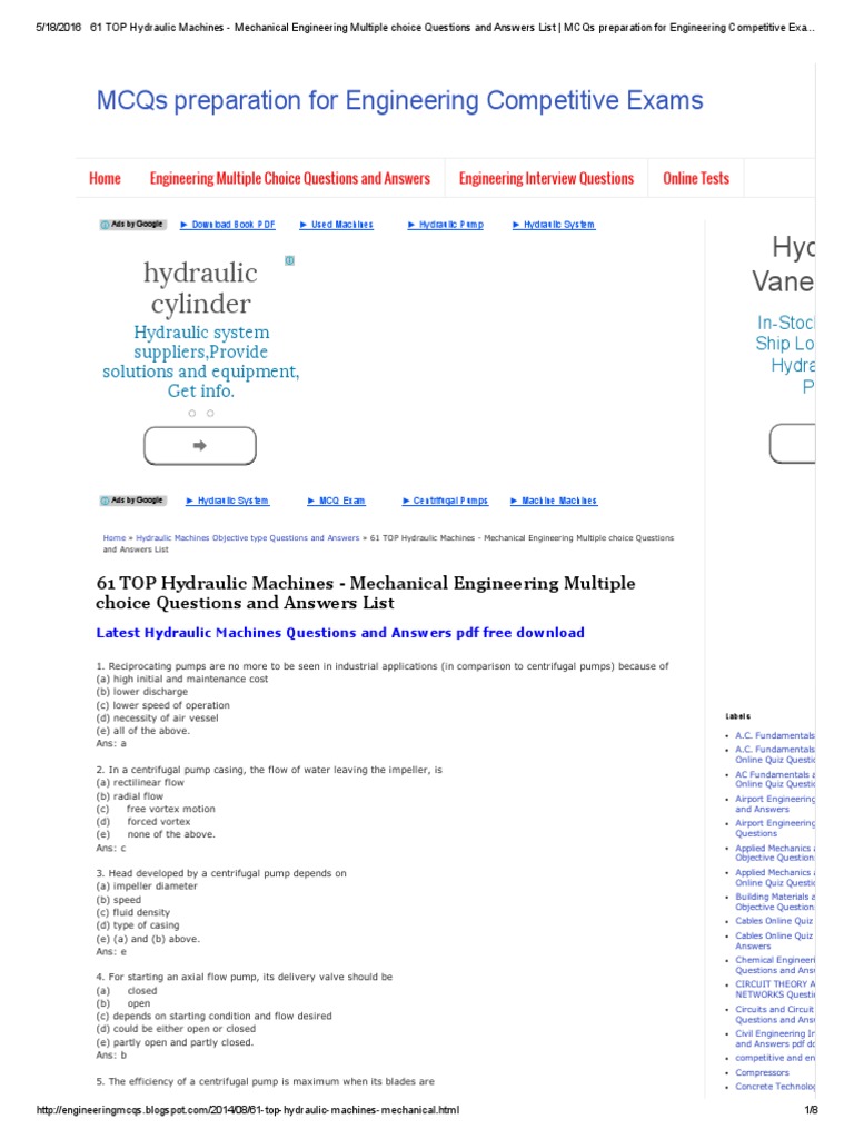 61 TOP Hydraulic Machines Mechanical Engineering Multiple Choice