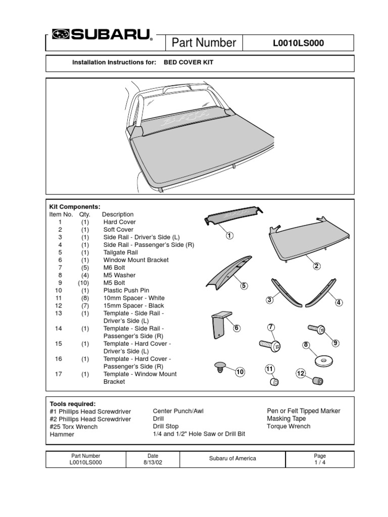 2003 Subaru Baja Bed Cover Kit Installation Trunk (Car) Drill