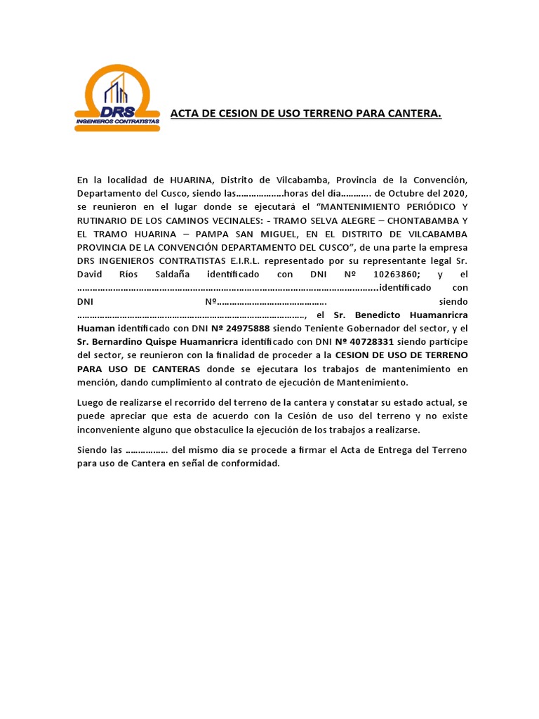 Acta de Cesión de Uso de Terreno | PDF | Hogar, jardinería y bricolaje