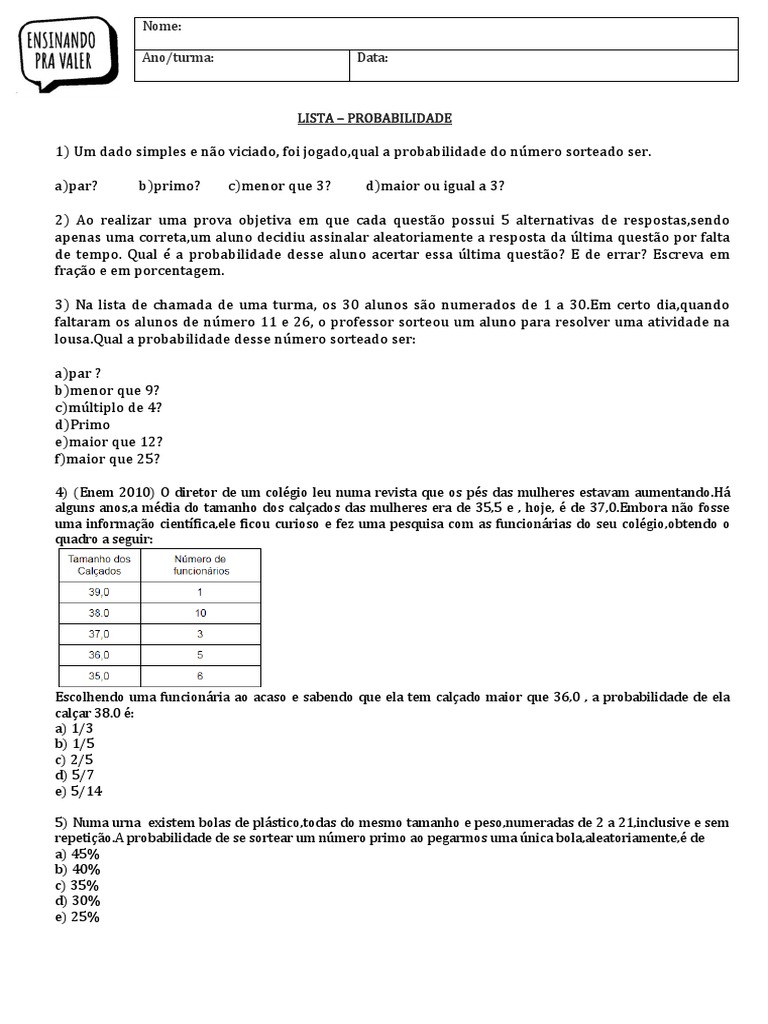 6o Ano - Exercicio - PROBABILIDADE 2 | PDF