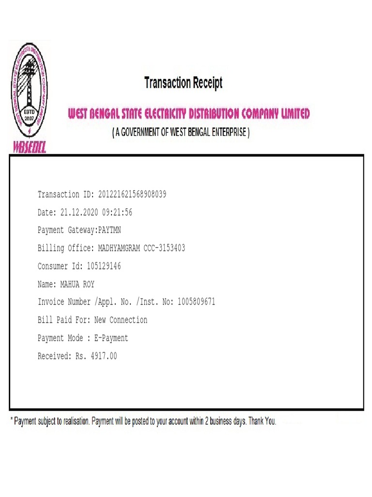 WBSEDCL Payment Receipt for New Connection | PDF
