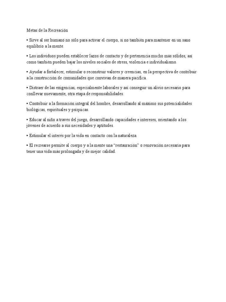 Metas y Objetivos de la Recreación | PDF