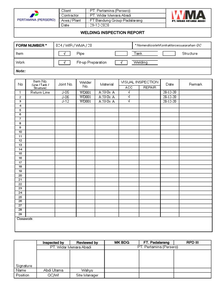 Welding Inspection Report - PT. Widar | PDF