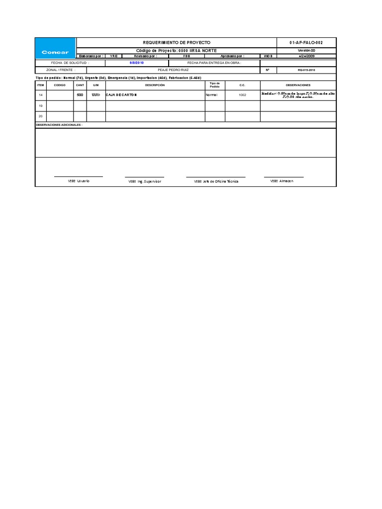 Solicitud Requerimiento Materiales de construcción