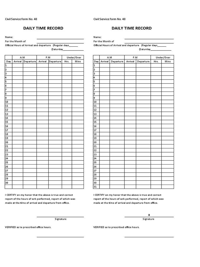 Daily Time Record Daily Time Record Civil Service Form No. 48 Civil