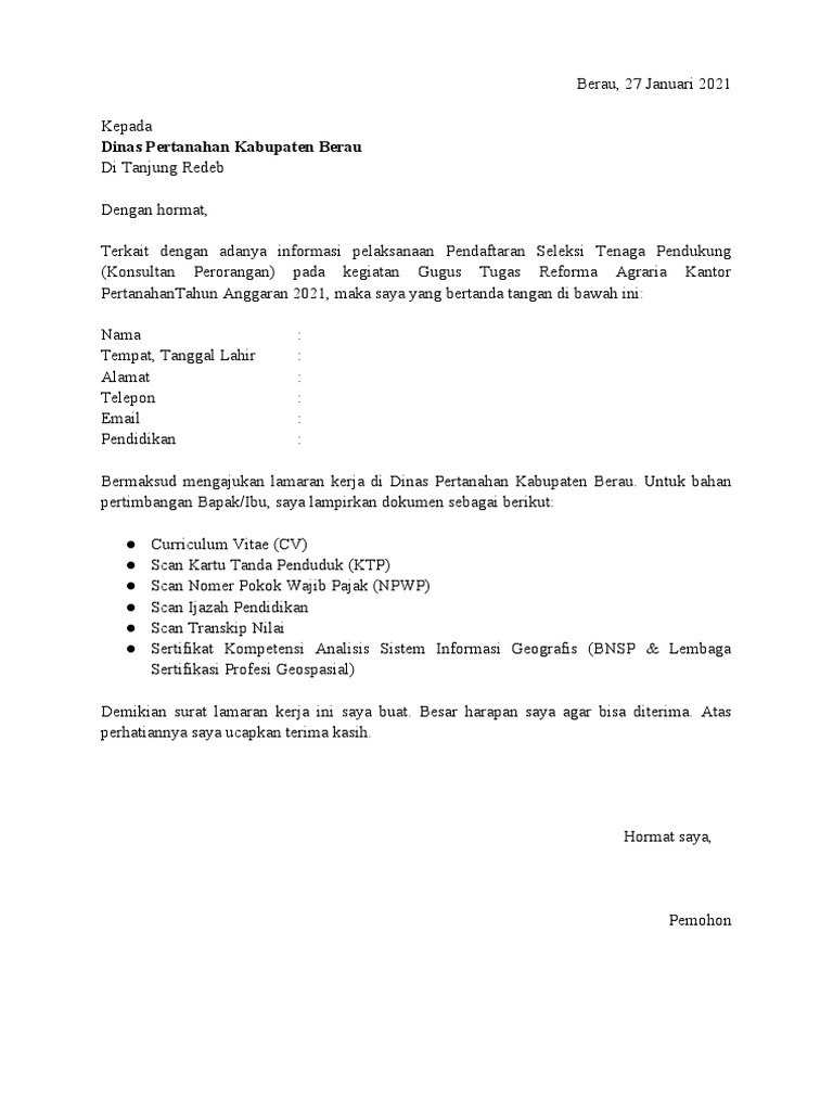 Contoh Surat Lamaran Kerja