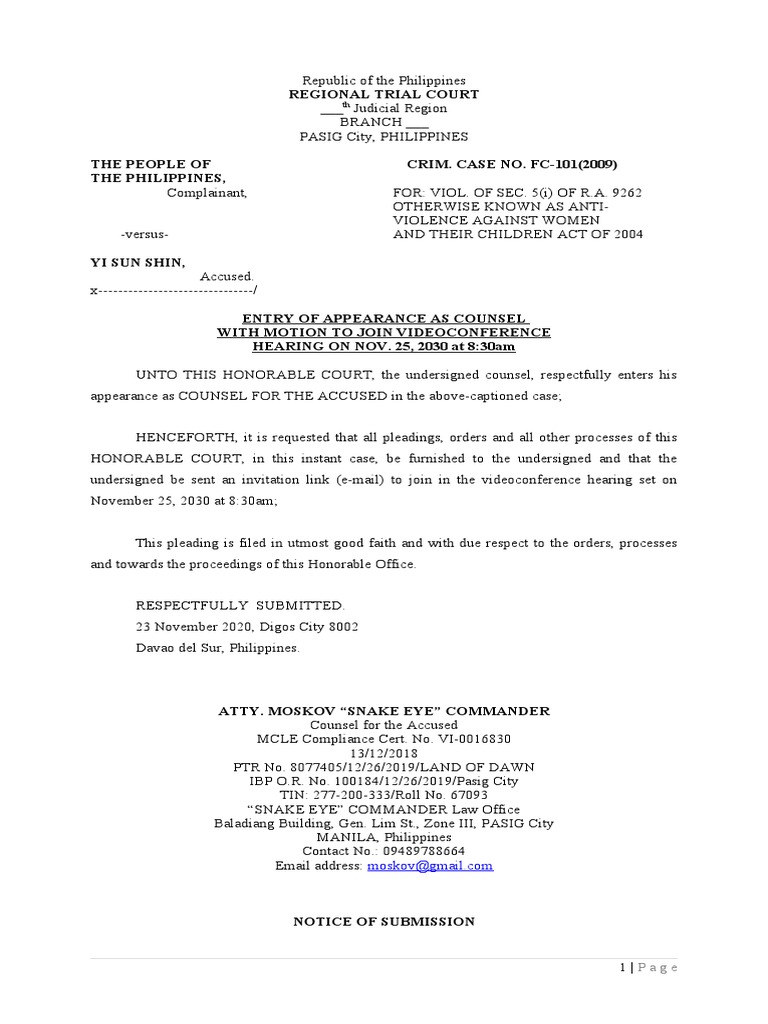 Entry of Appearance As Counsel PDF Common Law Judiciaries