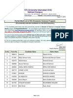 COMSATS University Islamabad (CUI) Sahiwal Campus: Partial Merit List of BS (Computer Science) Program