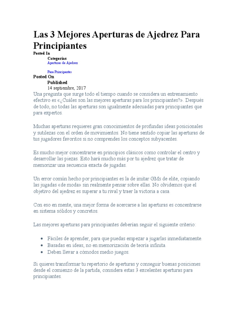 Las 3 Mejores Aperturas de Ajedrez para Principiantes | PDF