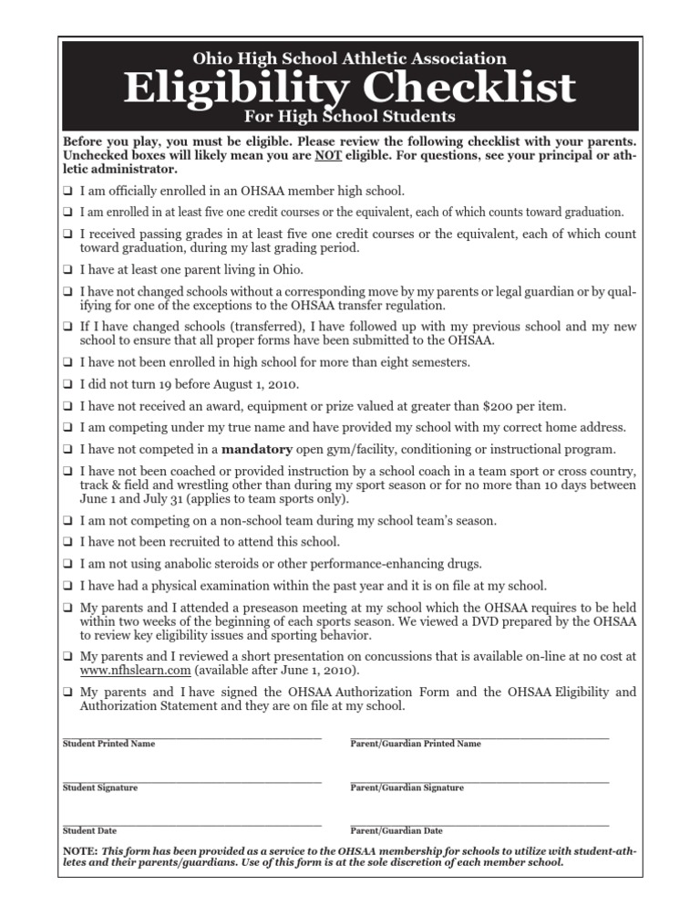 Eligibility Checklist Ohio High School Athletic Association For High