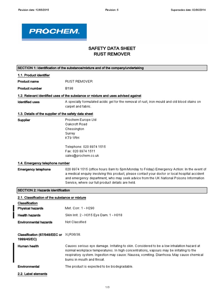 Safety Data Sheet Rust Remover: Revision Date: 12/05/2015 Revision: 5 ...
