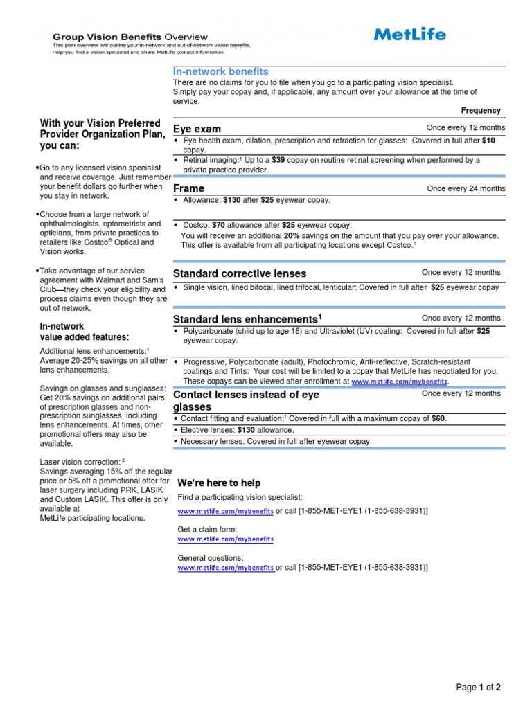 MetLife Vision Plan Summary PDF Glasses Sunglasses