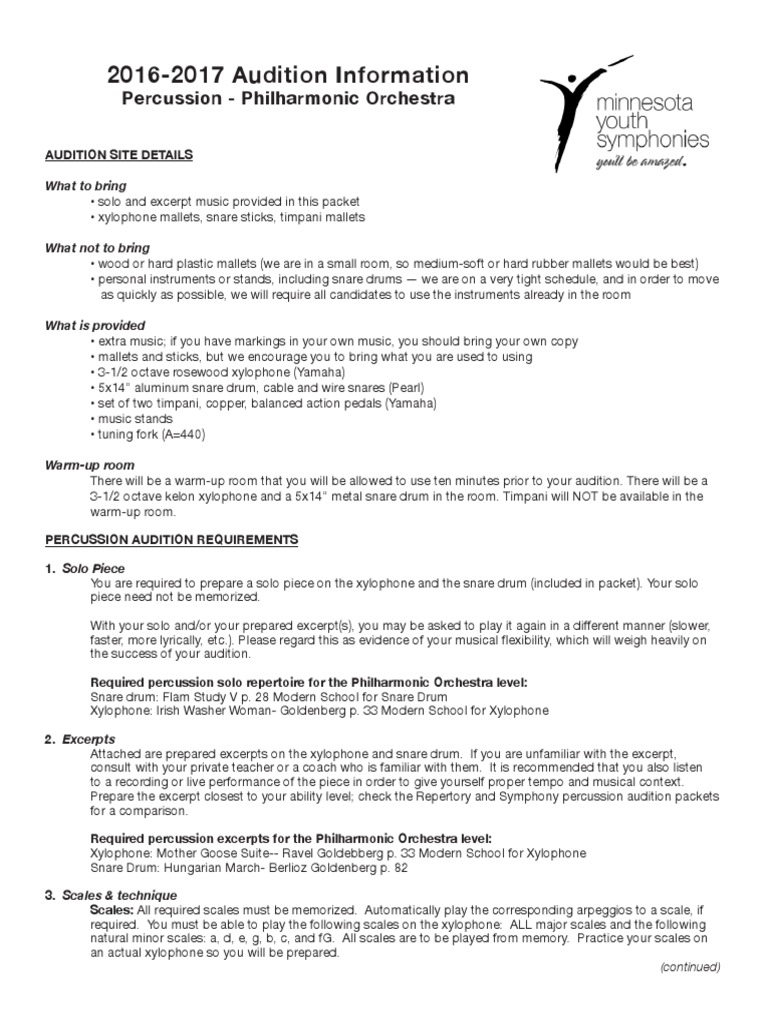 20162017 Audition Information Percussion Philharmonic Orchestra PDF Orchestras Audition