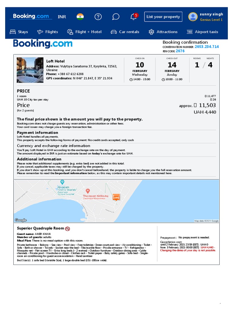 Booking Confirmation for a 1 Night Stay at Loft Hotel in Kyrylivka, Ukraine from February 1415