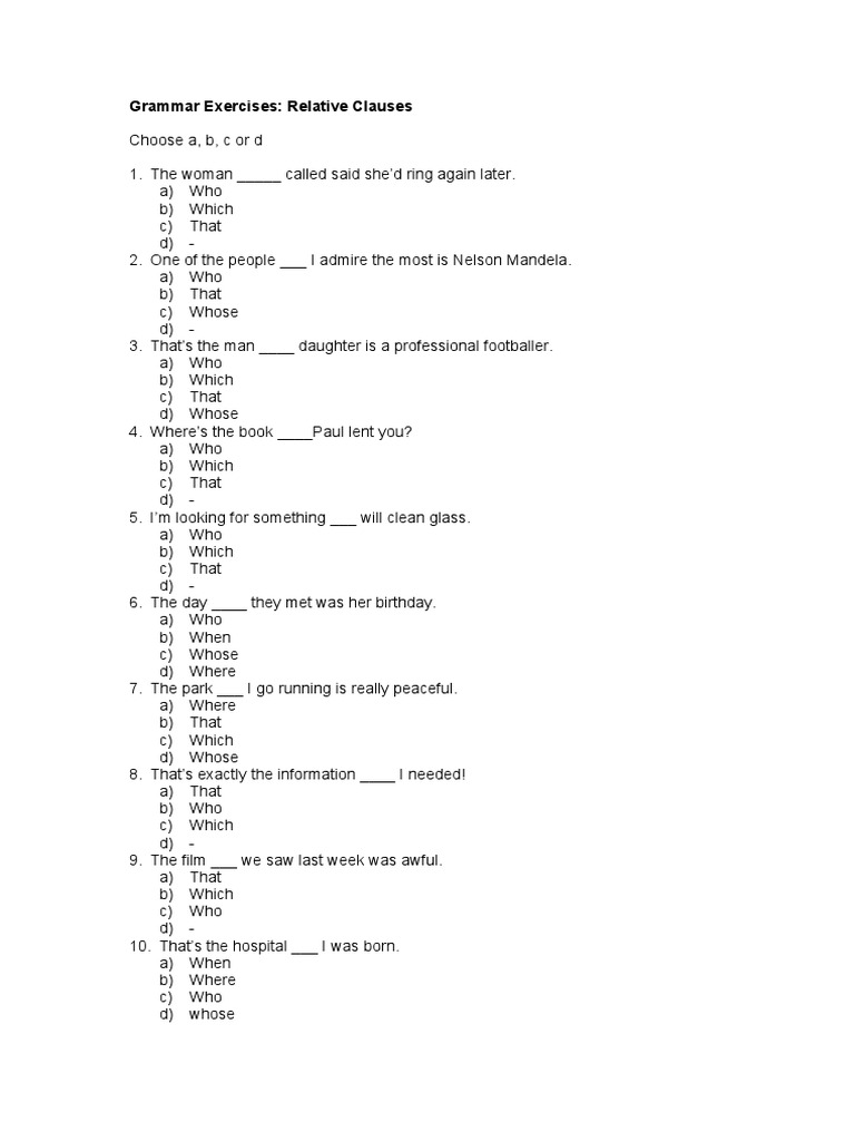 Relative Clauses Exercise Worksheet | PDF