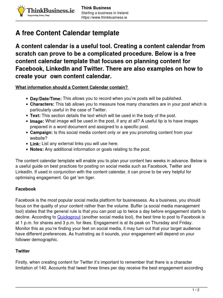 A Free Content Calendar Template and Guide | PDF | Social Media | Popular  Culture & Media Studies