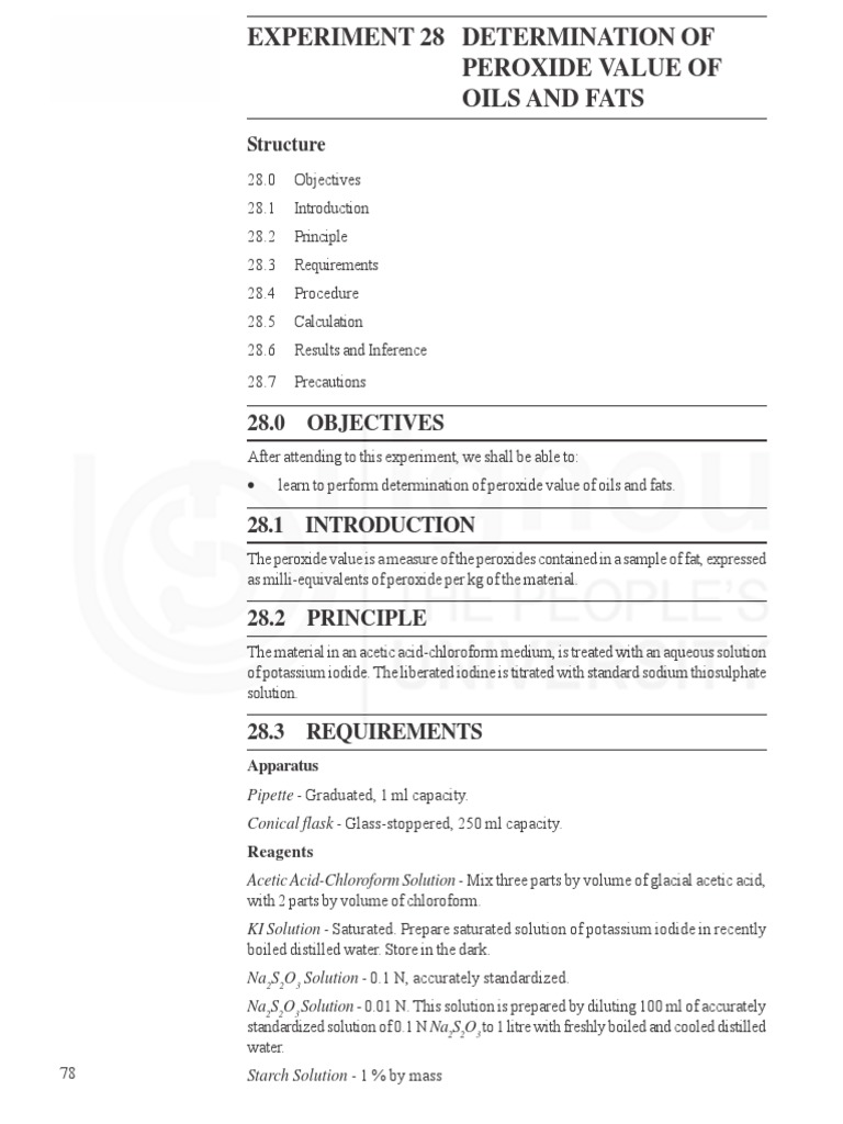 Experiment 28 Determination of Peroxide Value of Oils and Fats PDF Titration Chemistry