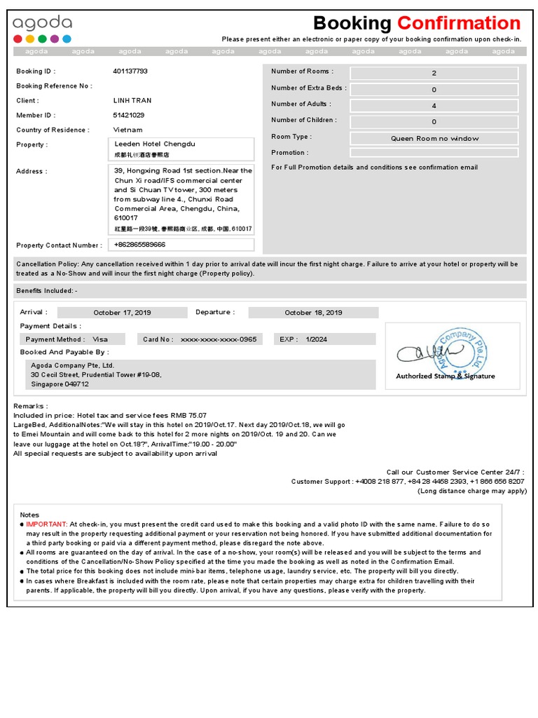 Confirmation For Booking ID # 401137793 Check-In October 17 2019 | PDF ...
