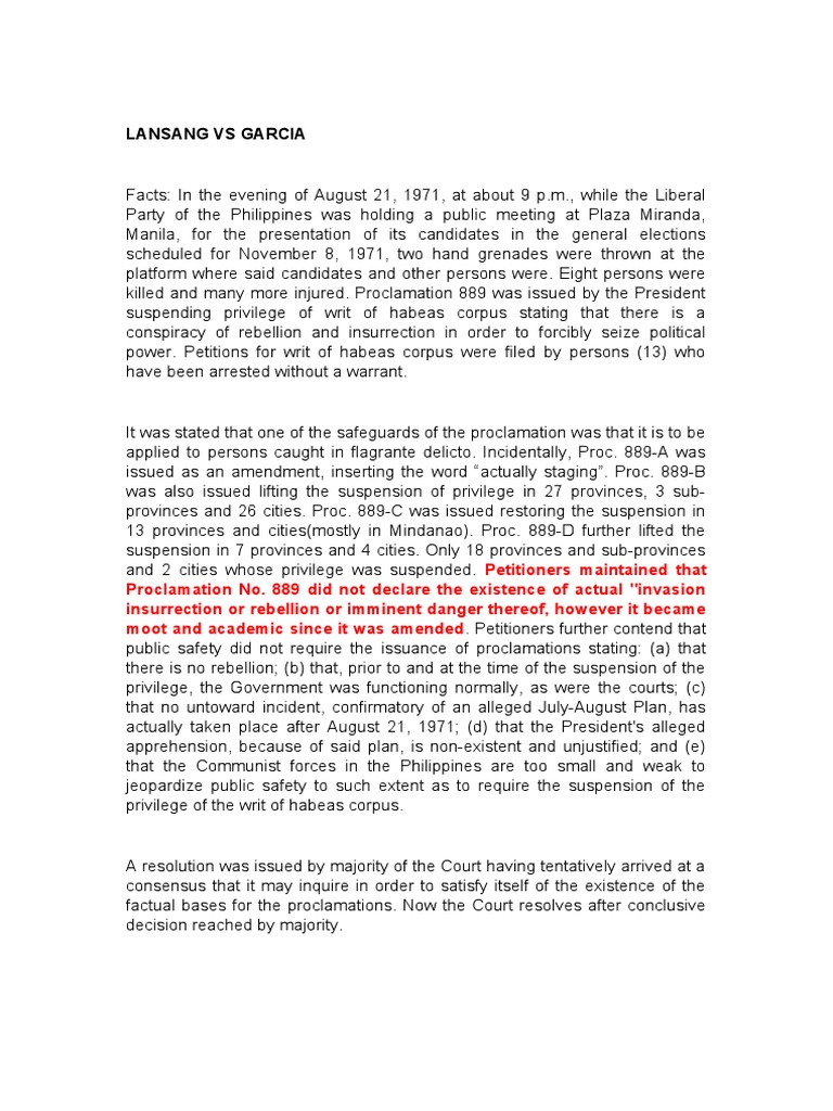 LansangVsGarciasuspension of Priv of Writ Habeas Corpus by Presdent Valid PDF Habeas