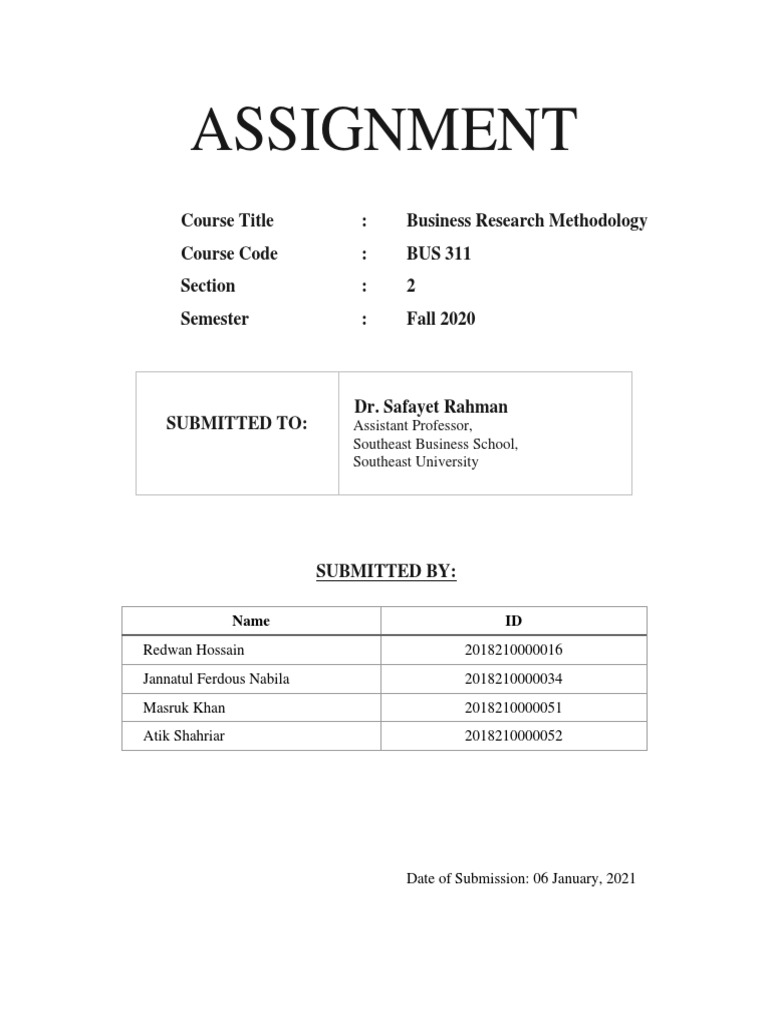 Assignment: Course Title: Business Research Methodology Course Code ...