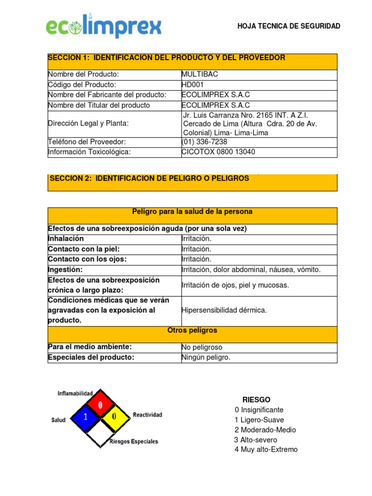 Multibac MSDS | PDF | Agua | Residuos