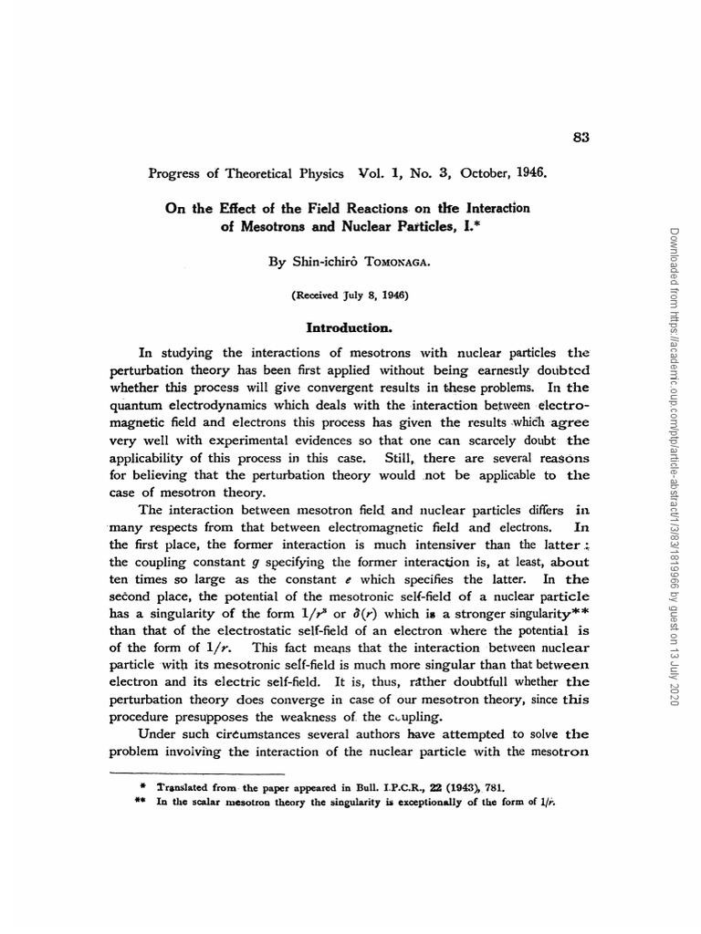 Tomonaga on the effect of the field reactions on the interaction of