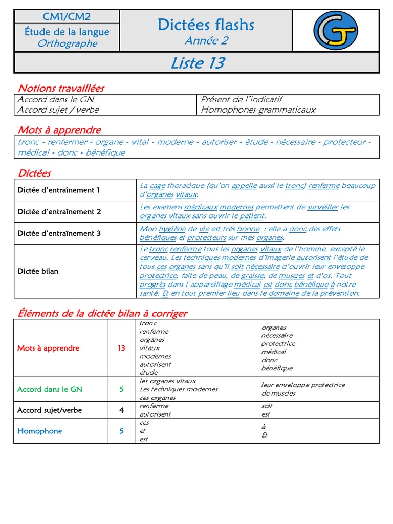 Dictée Accord Sujet verbe 4ème Pdf Dictée CM2 | PDF | Verbe | Sujet (Grammaire)