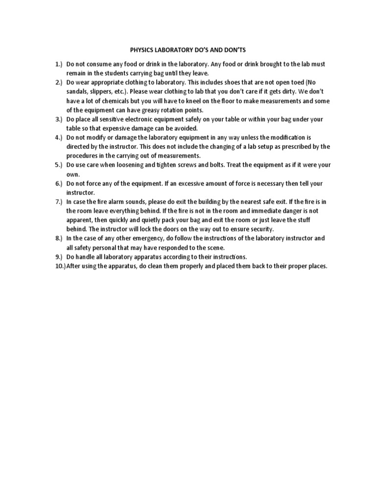 PHYSICS LABORATORY DO's and DON'TS PDF