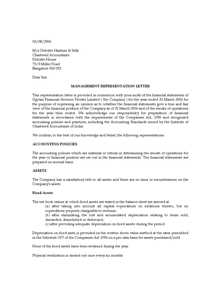 management representation letter word format